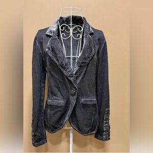 Aratta Silent Journey Velvet Trim Embroidered Knit Blazer XS Charcoal